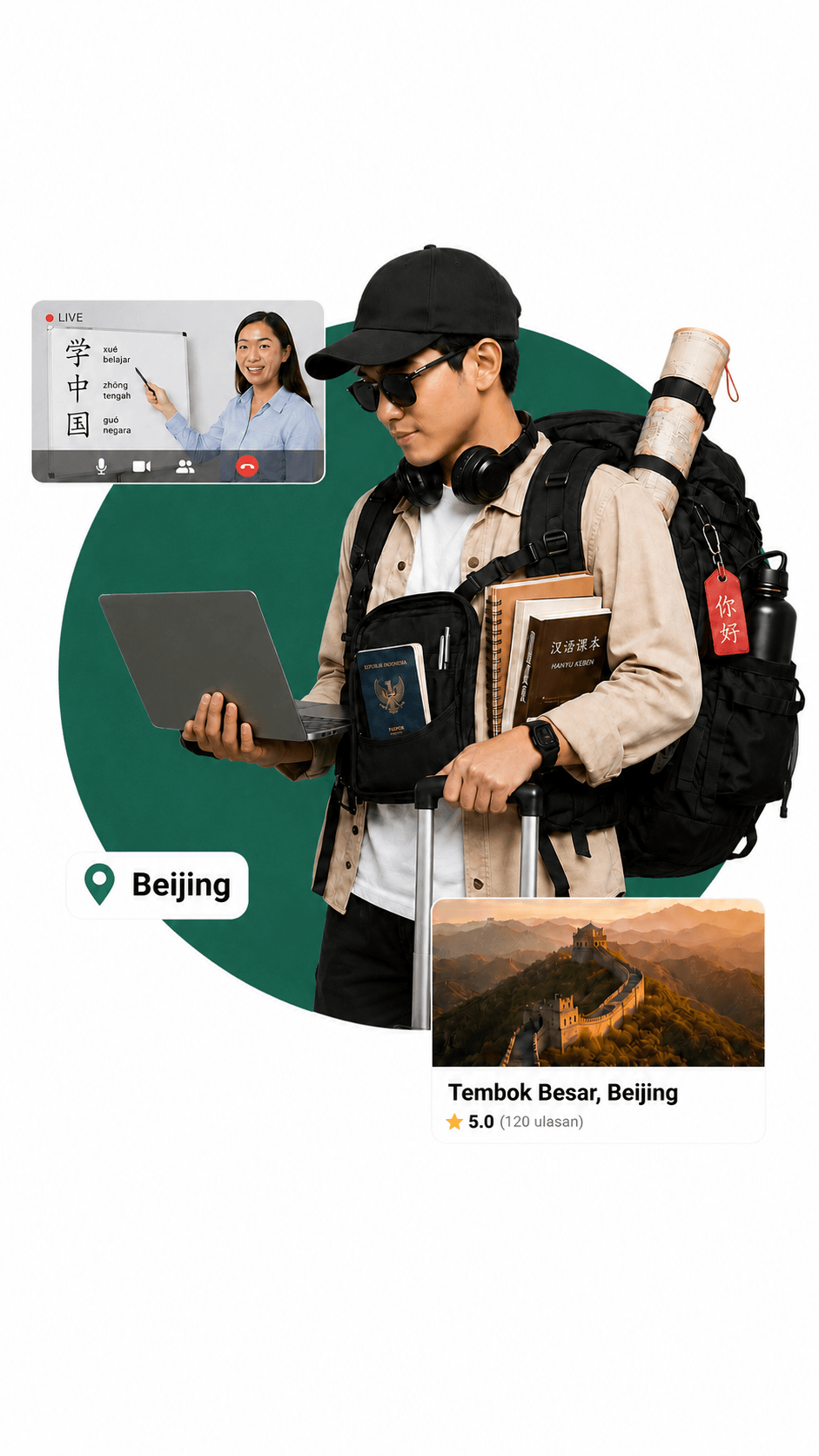 Pelajar Wanmei memandang kota Shanghai melalui gerbang taman tradisional China.
